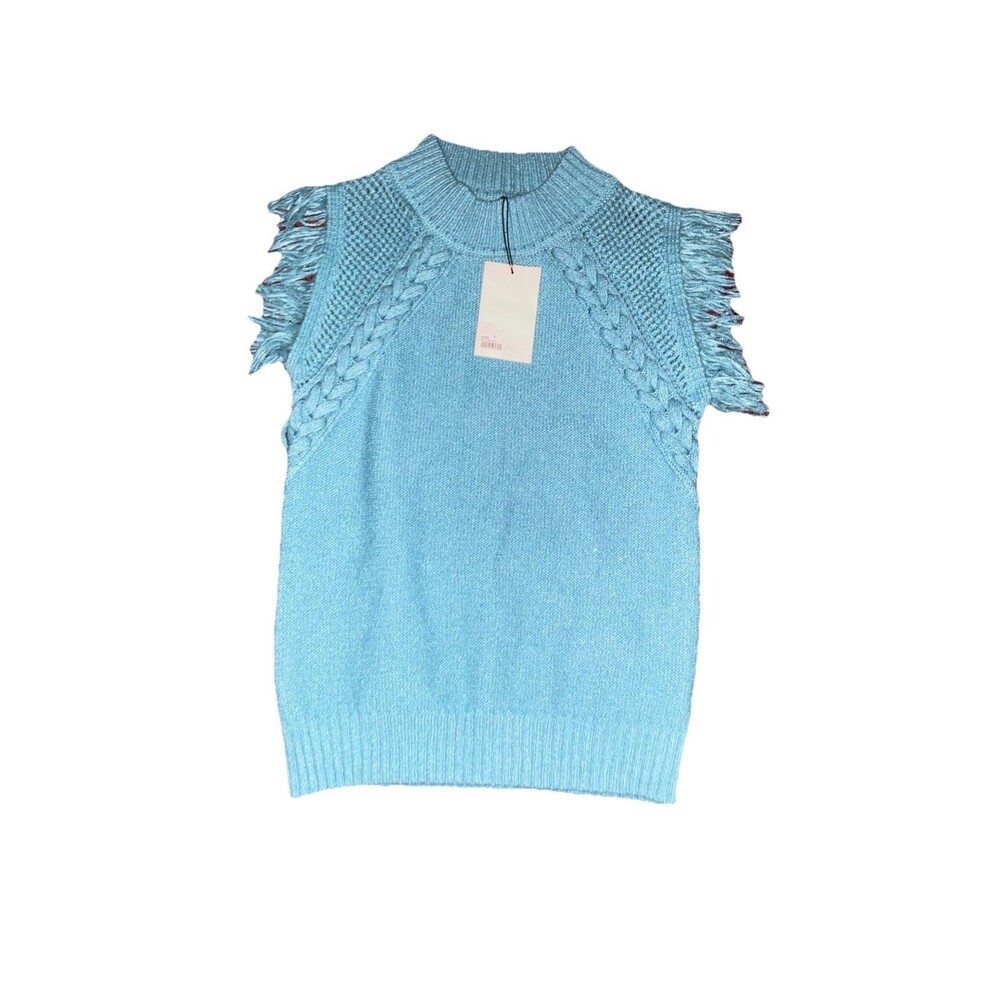 &Merci Women’s Sleeveless Sweater Large Blue Crew Neck Pullover Fringe Cable